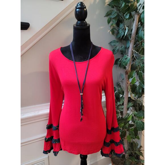 Crown and Ivy Top Women's Large Red Long Sleeve Ruffle Bell Sleeve Blouse - Picture 1 of 10